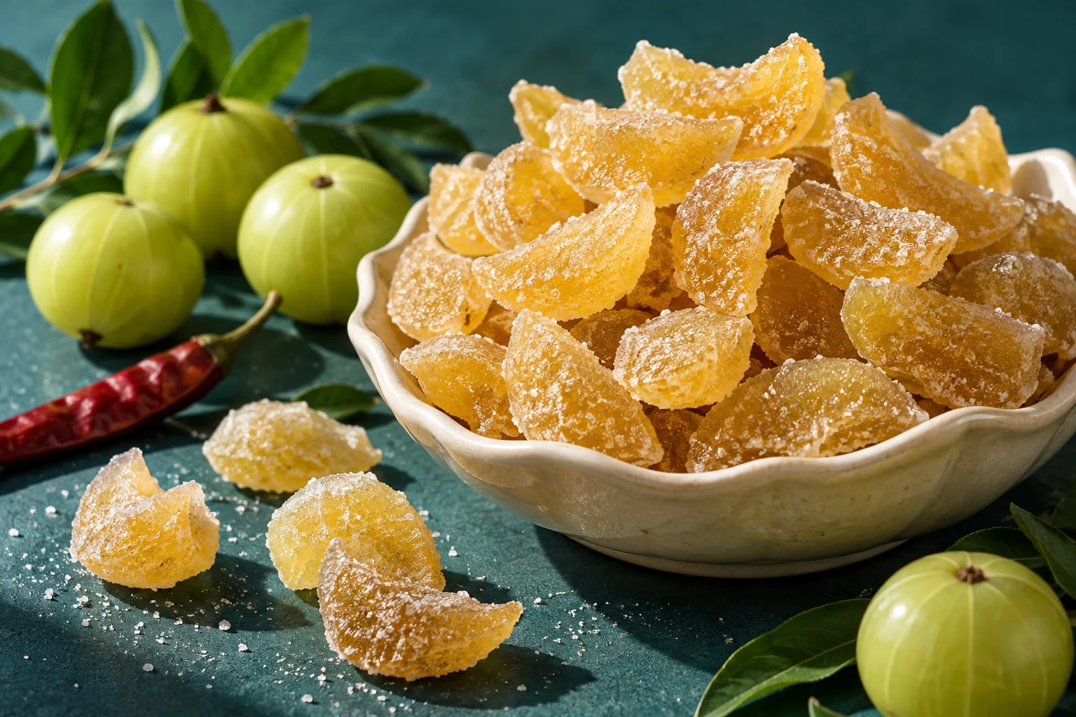 Golden sugar-dusted amla candy with fresh amla in an ivory bowl