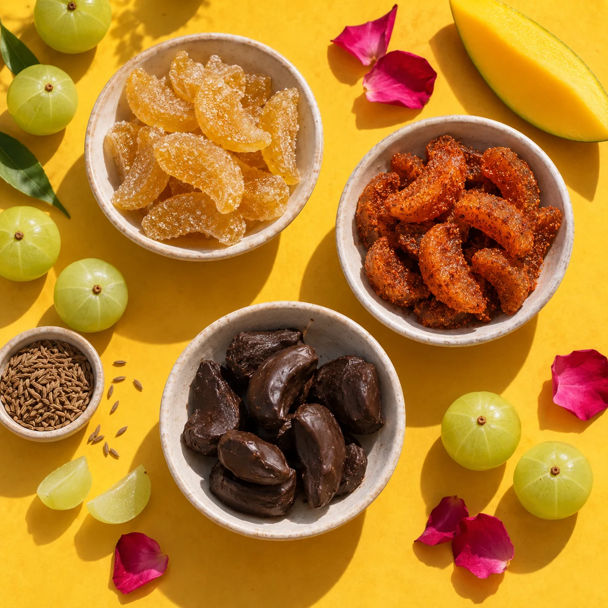Sweet, spiced and chocolate-coated amla candies with fruit and spices; illustrative serving suggestion